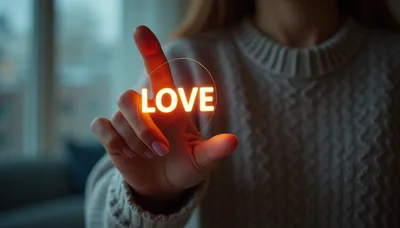 Woman Touching Glowing Holographic Love Text