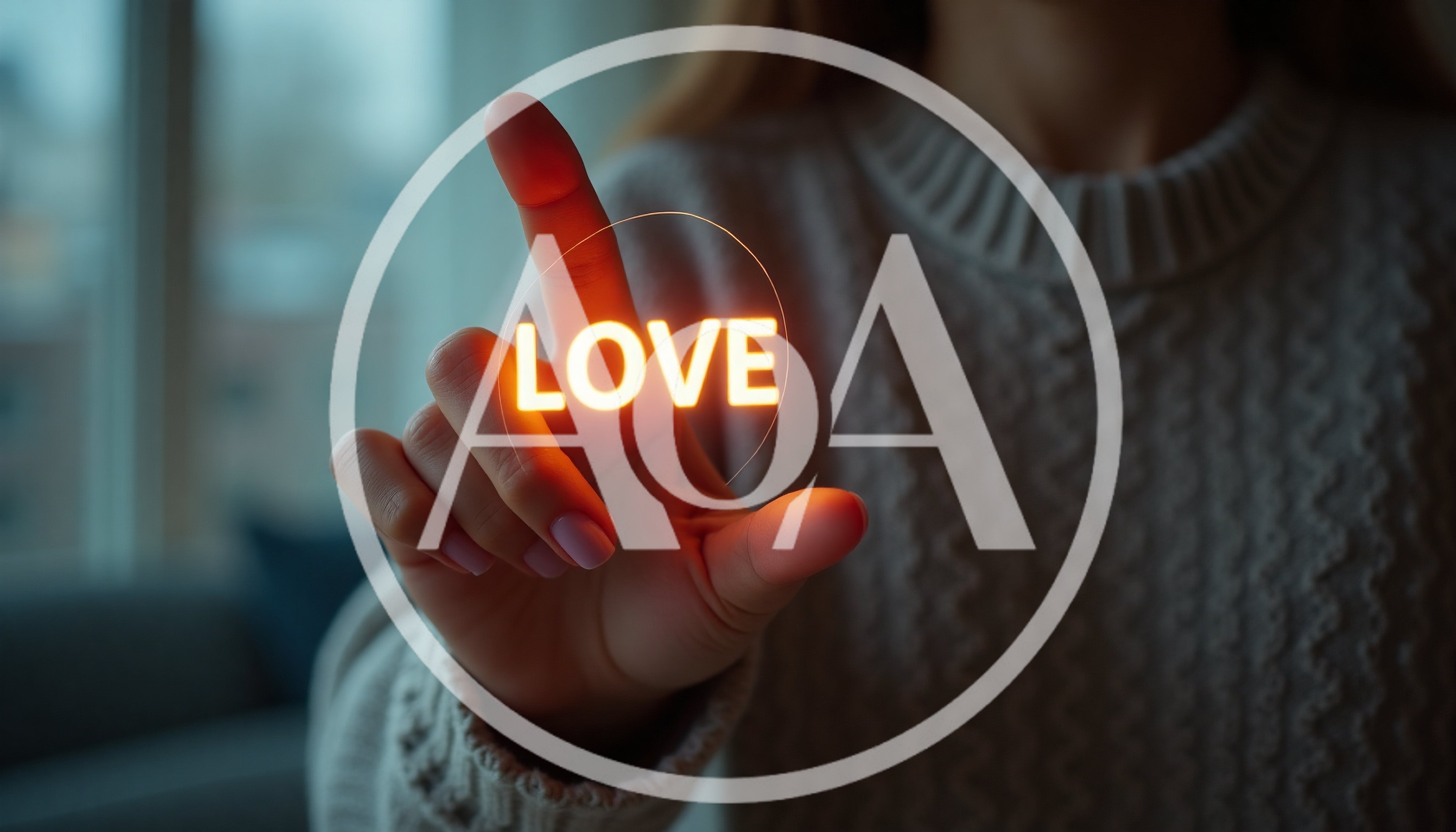 Woman Touching Glowing Holographic Love Text