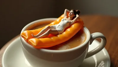 Miniature Woman Relaxing On Inflatable Raft In Coffee Cup