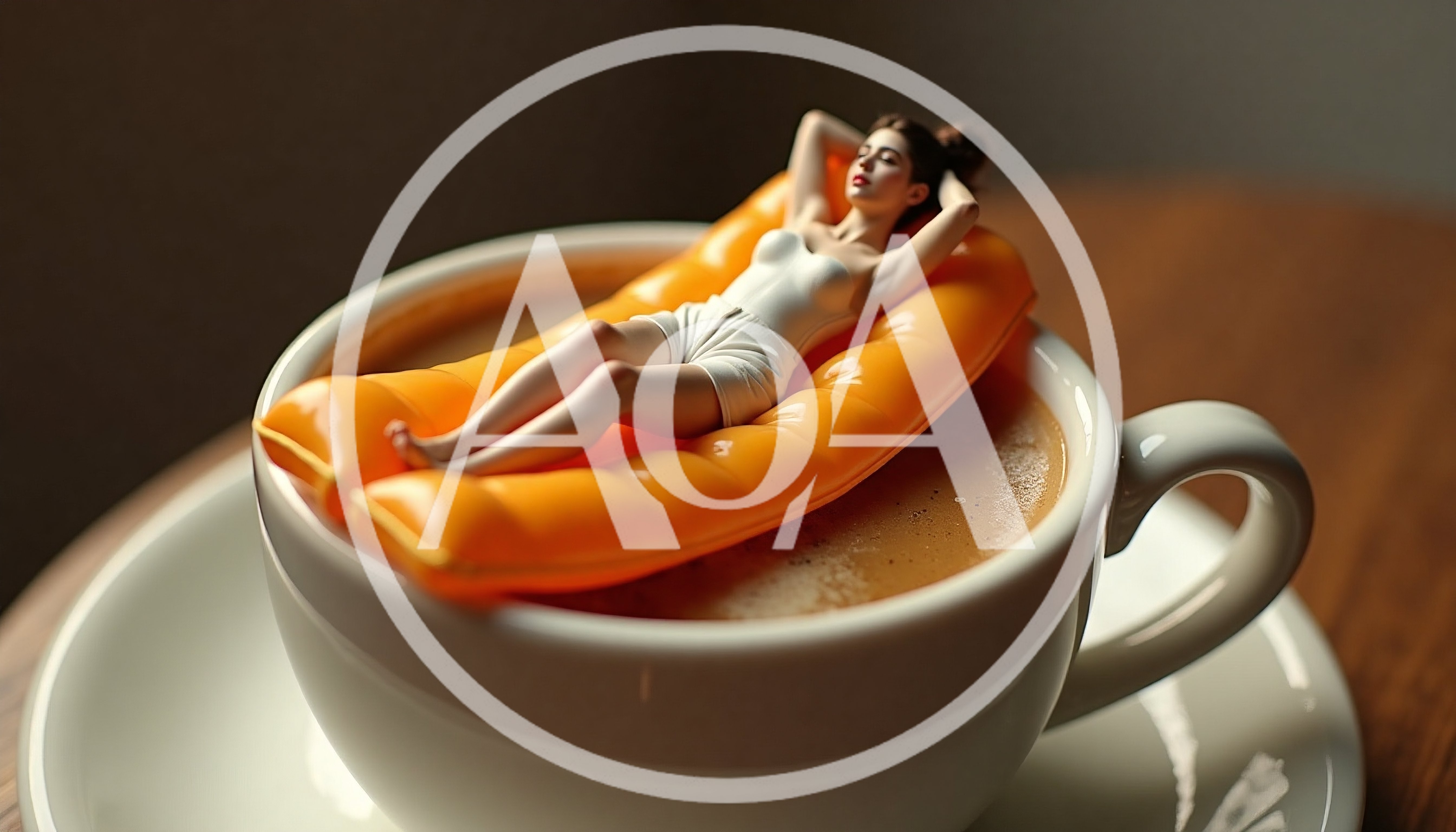 Miniature Woman Relaxing On Inflatable Raft In Coffee Cup