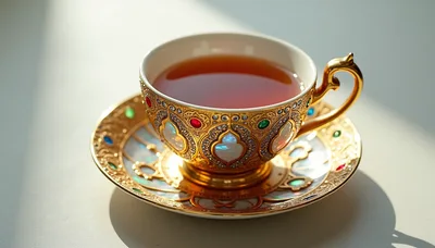 Ornate Gold Tea Cup With Gemstones On Saucer
