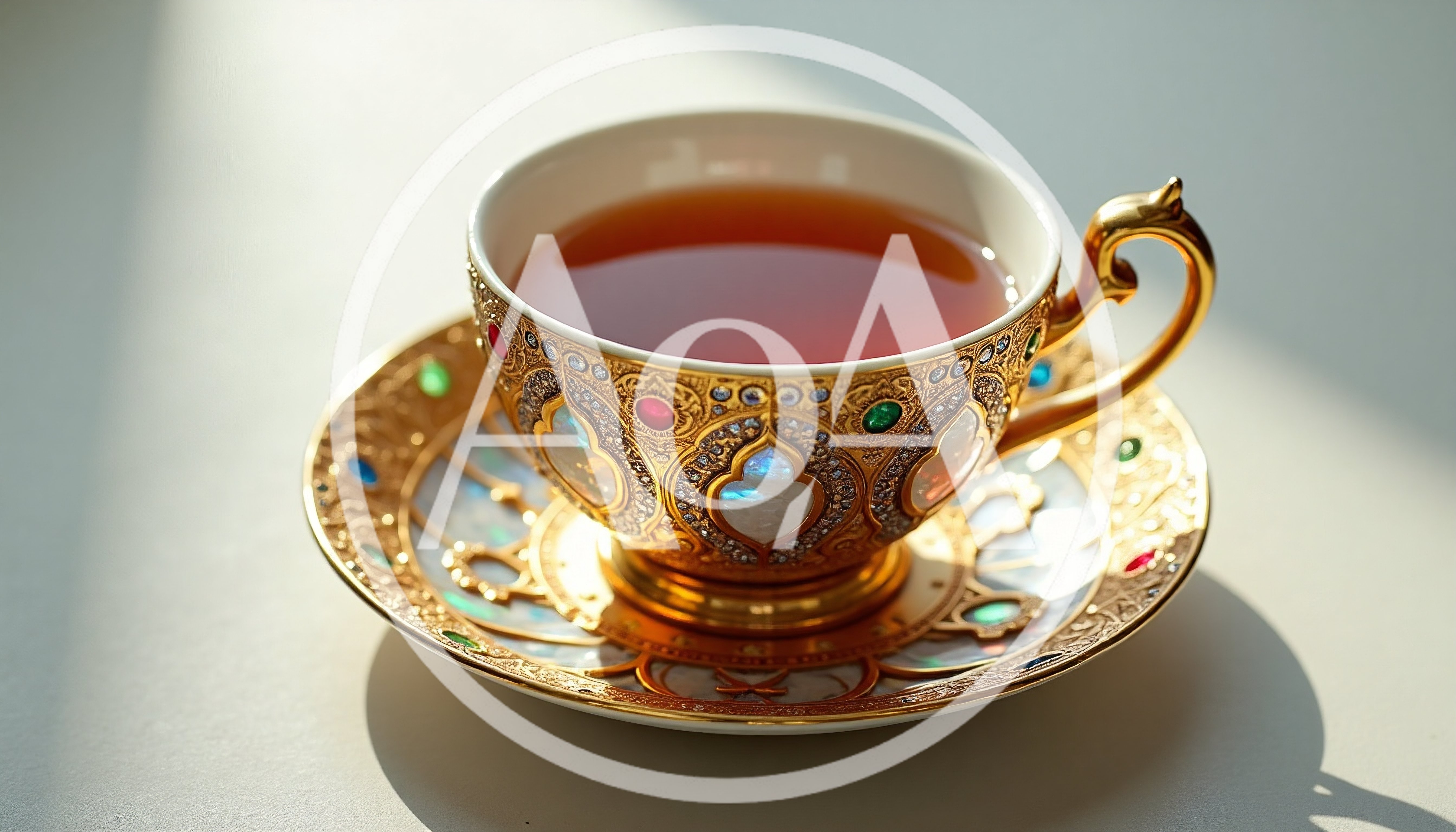 Ornate Gold Tea Cup With Gemstones On Saucer