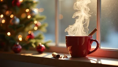Steaming Red Mug With Cinnamon Stick On Window Sill
