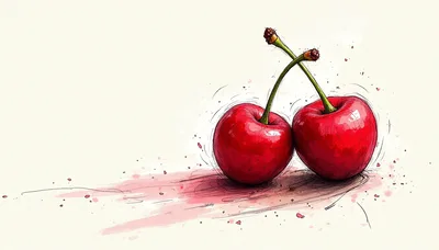 Watercolor Illustration Of Two Ripe Red Cherries
