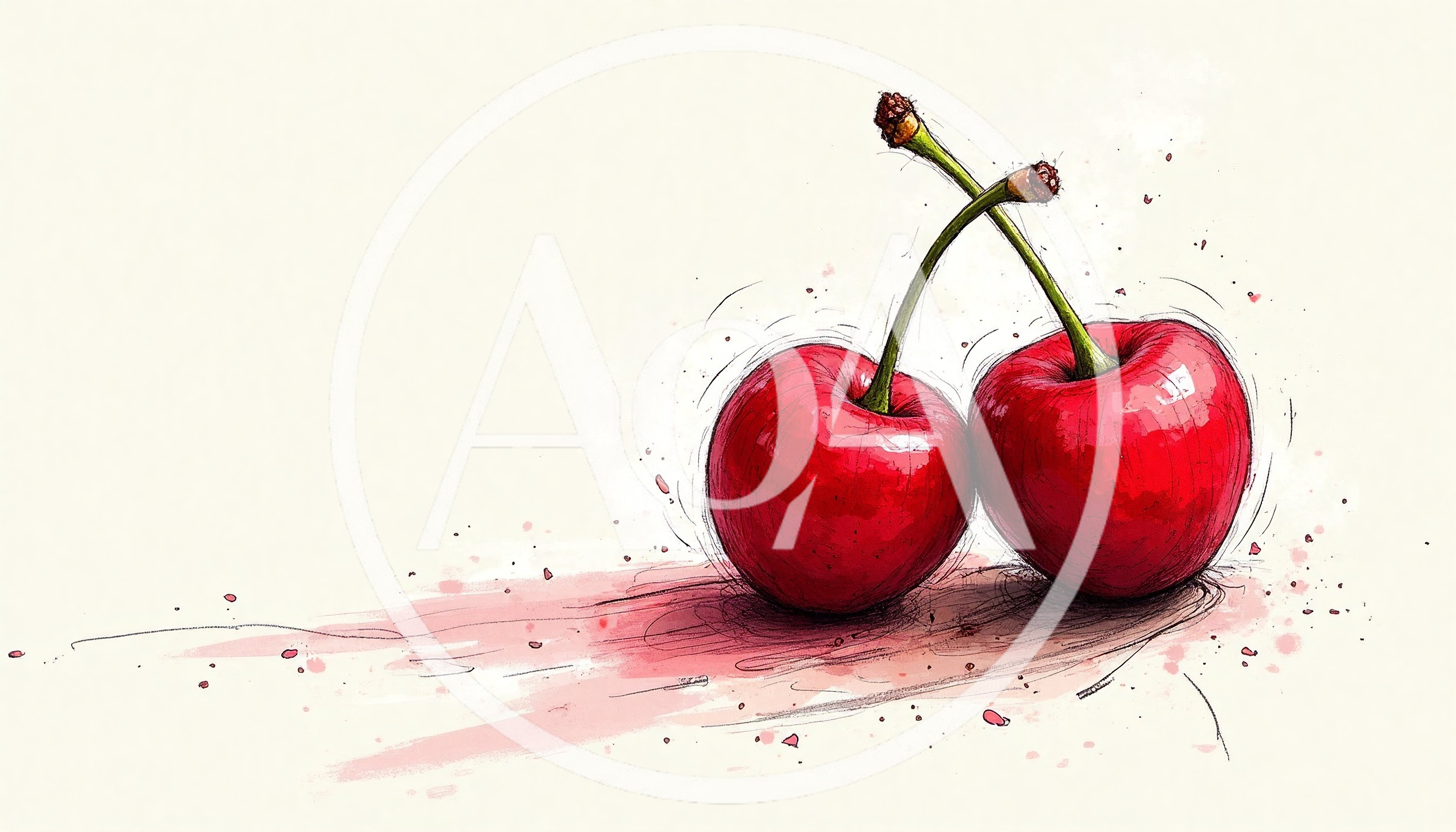 Watercolor Illustration Of Two Ripe Red Cherries