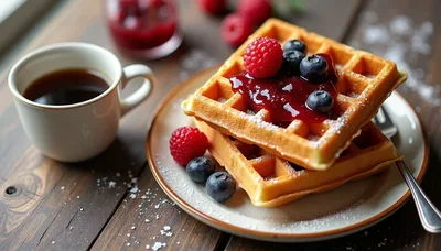 Belgian Waffles With Fresh Berries And Coffee