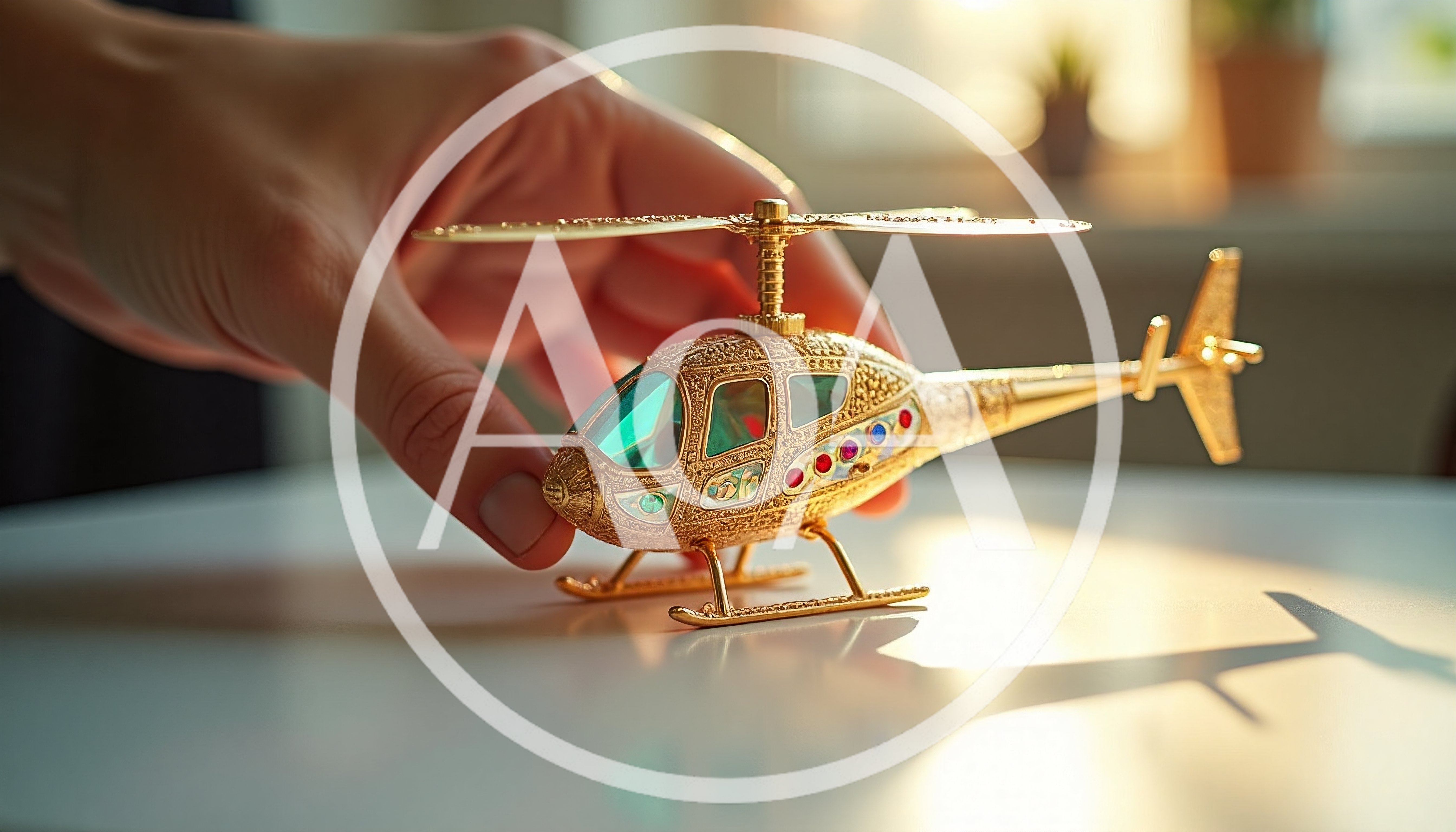 Hand Holding An Ornate Gold Helicopter Model