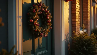 Christmas Wreath On A Dark Green Front Door