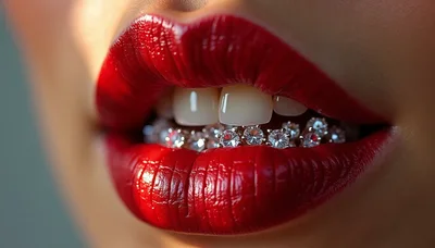 Close Up Of Woman With Red Lipstick And Diamond Grillz