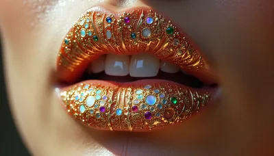Close Up Of Lips Decorated With Gold And Gemstones