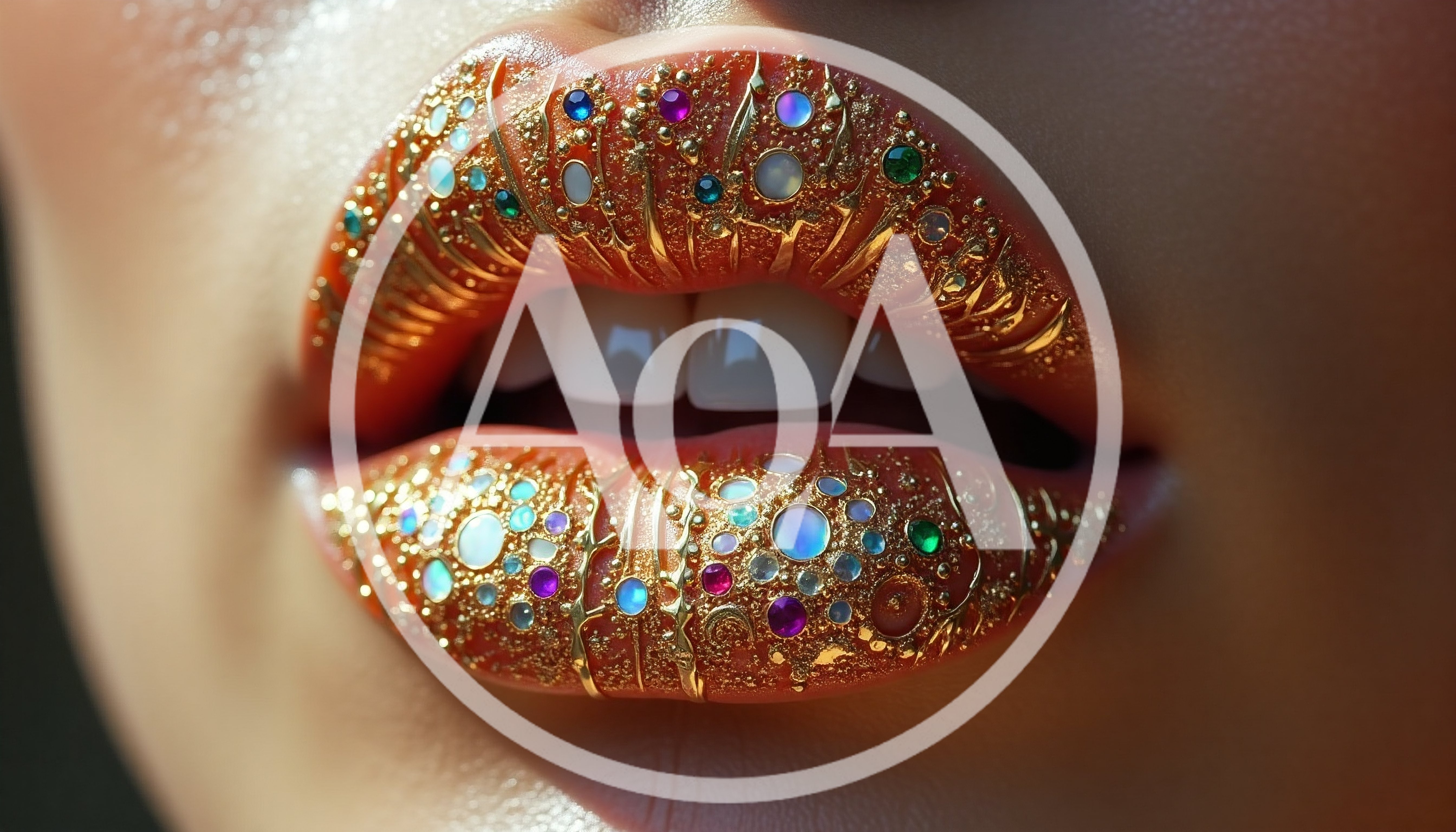 Close Up Of Lips Decorated With Gold And Gemstones