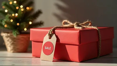 Red Gift Box With Sale Tag And Christmas Tree
