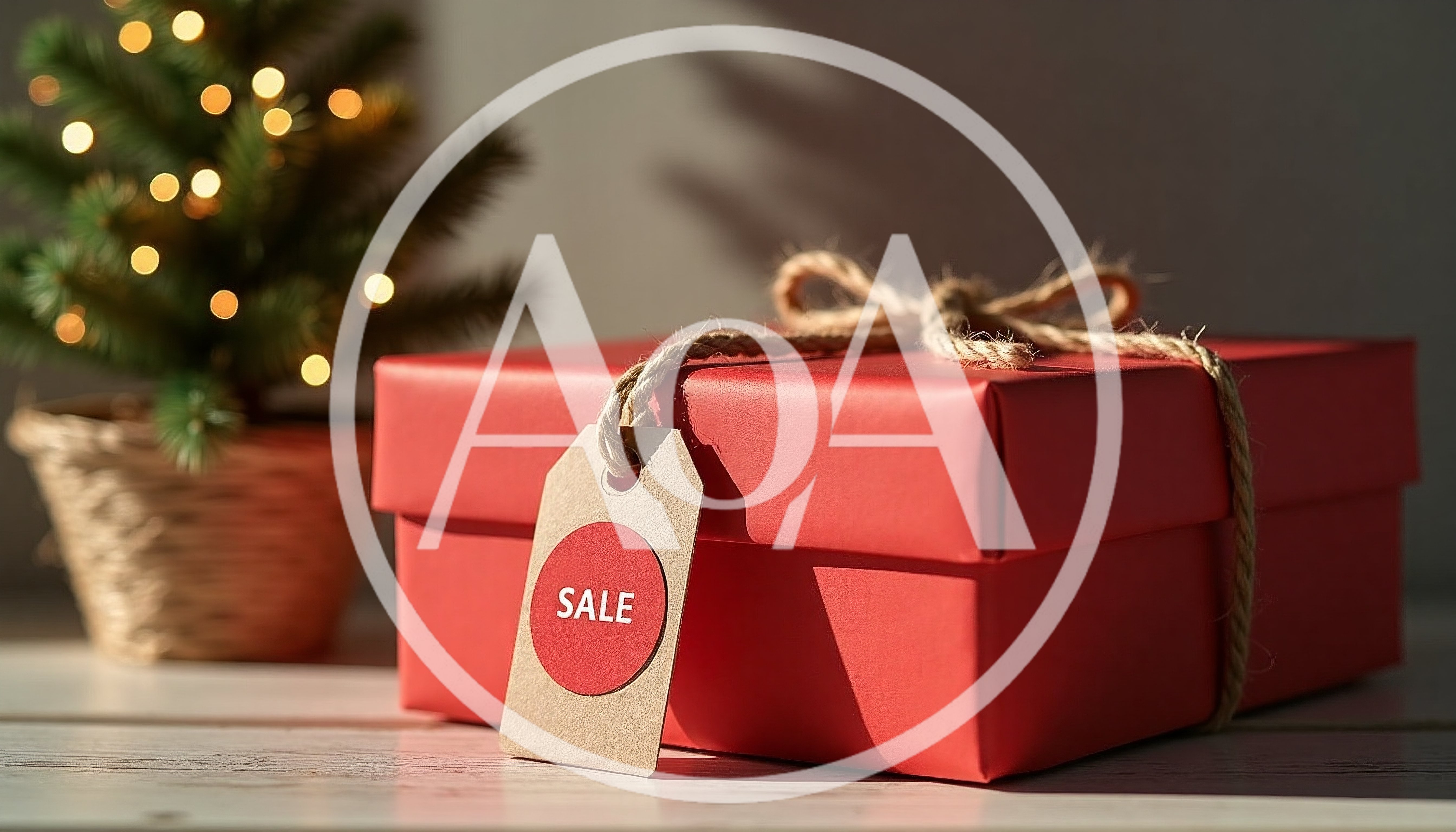 Red Gift Box With Sale Tag And Christmas Tree