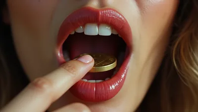 Close Up Of Woman Placing Gold Coin In Mouth