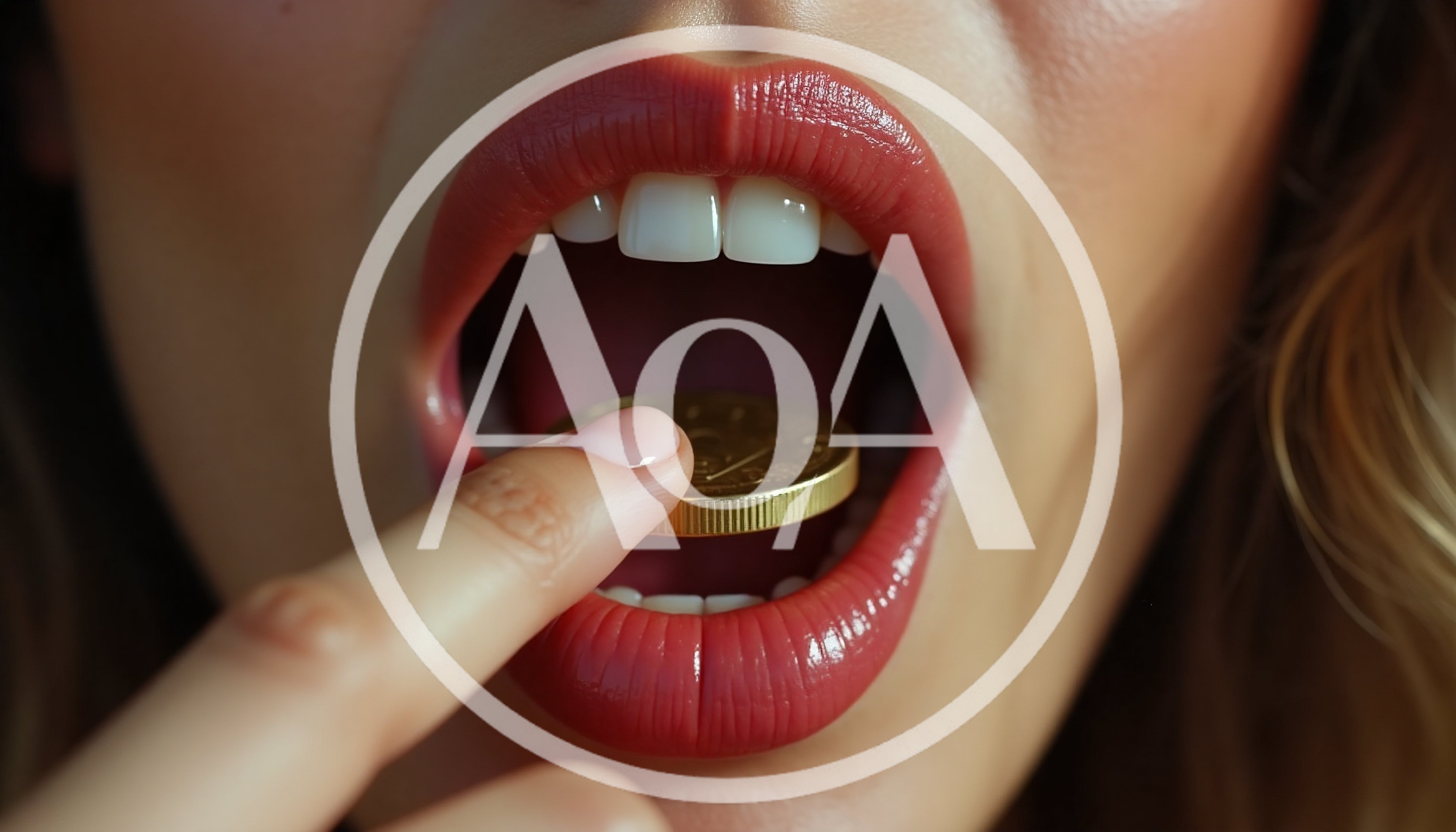 Close Up Of Woman Placing Gold Coin In Mouth