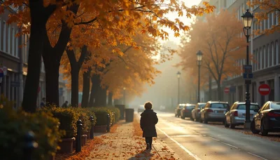 Child Walking Alone Down A Sunny Autumn Street
