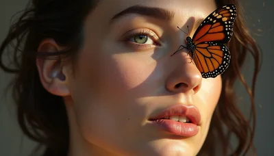 Close Up Portrait Of Woman With Monarch Butterfly