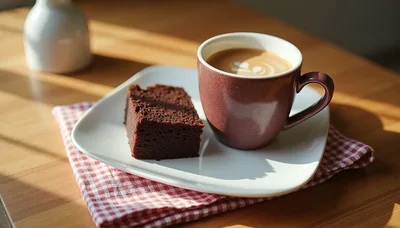 Coffee Cup And Chocolate Cake On A Wooden Table