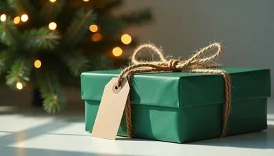 Green Gift Box With Blank Tag Under Christmas Tree