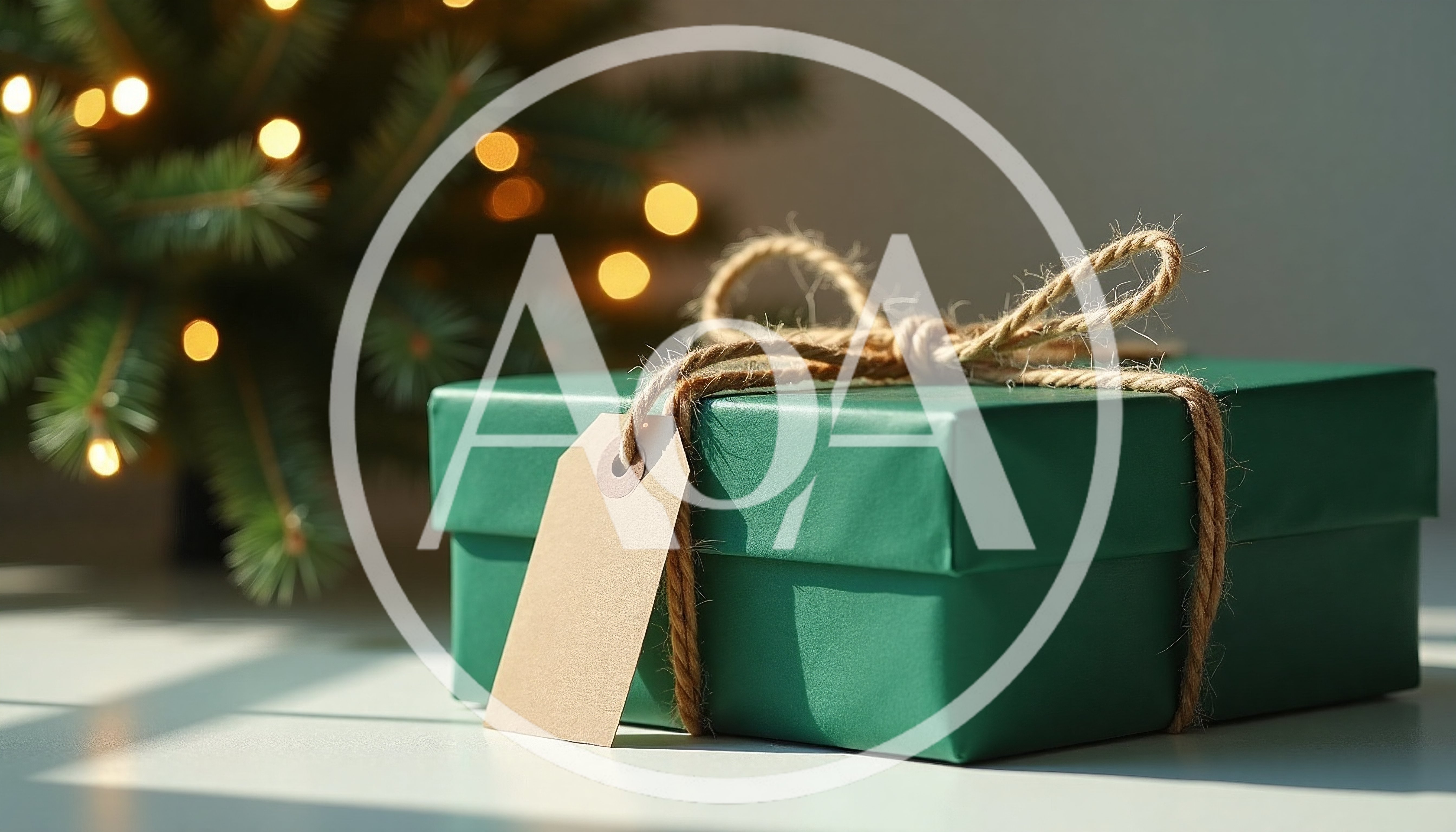 Green Gift Box With Blank Tag Under Christmas Tree