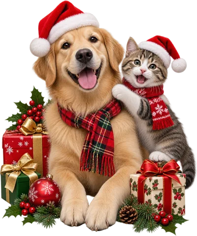 Golden Retriever and Tabby Kitten Wearing Christmas Attire