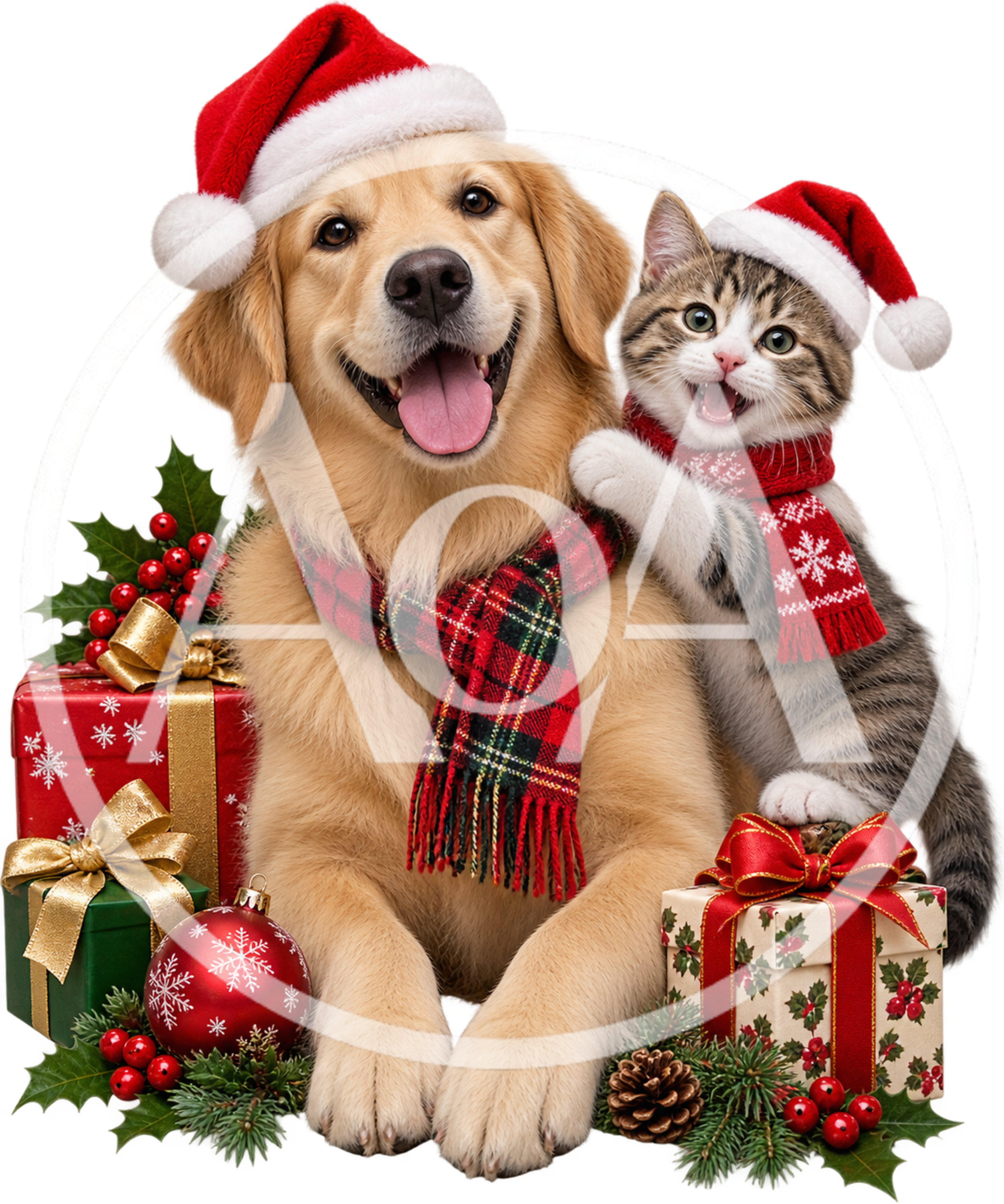Golden Retriever and Tabby Kitten Wearing Christmas Attire