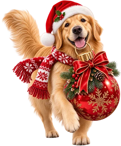 Golden Retriever Puppy Wearing Christmas Hat And Scarf