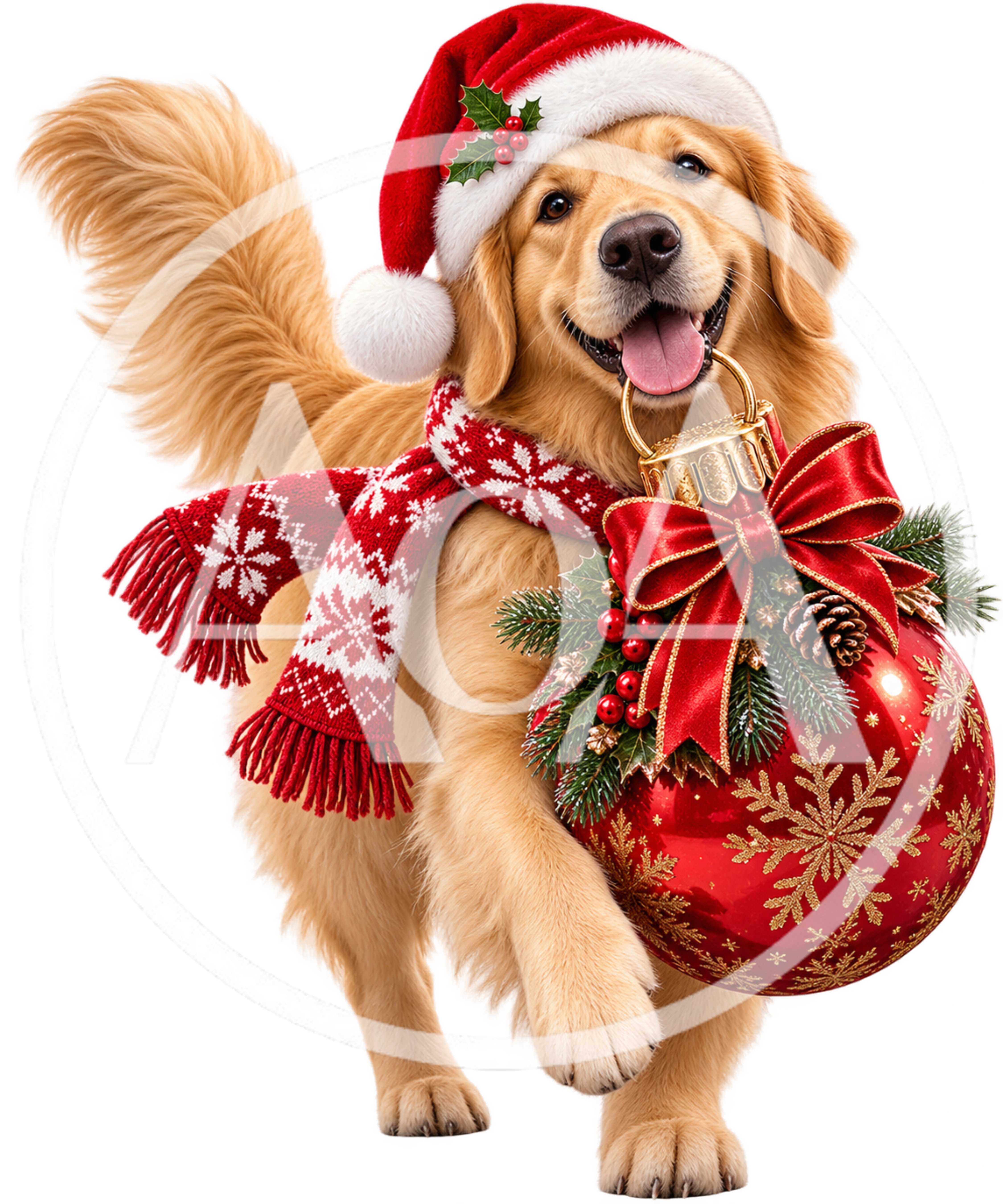 Golden Retriever Puppy Wearing Christmas Hat And Scarf