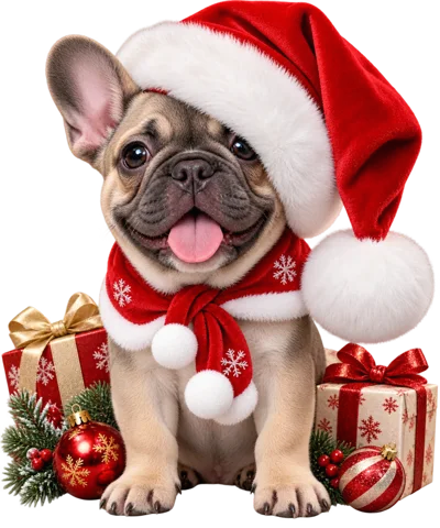 French Bulldog Puppy Wearing Santa Hat And Scarf