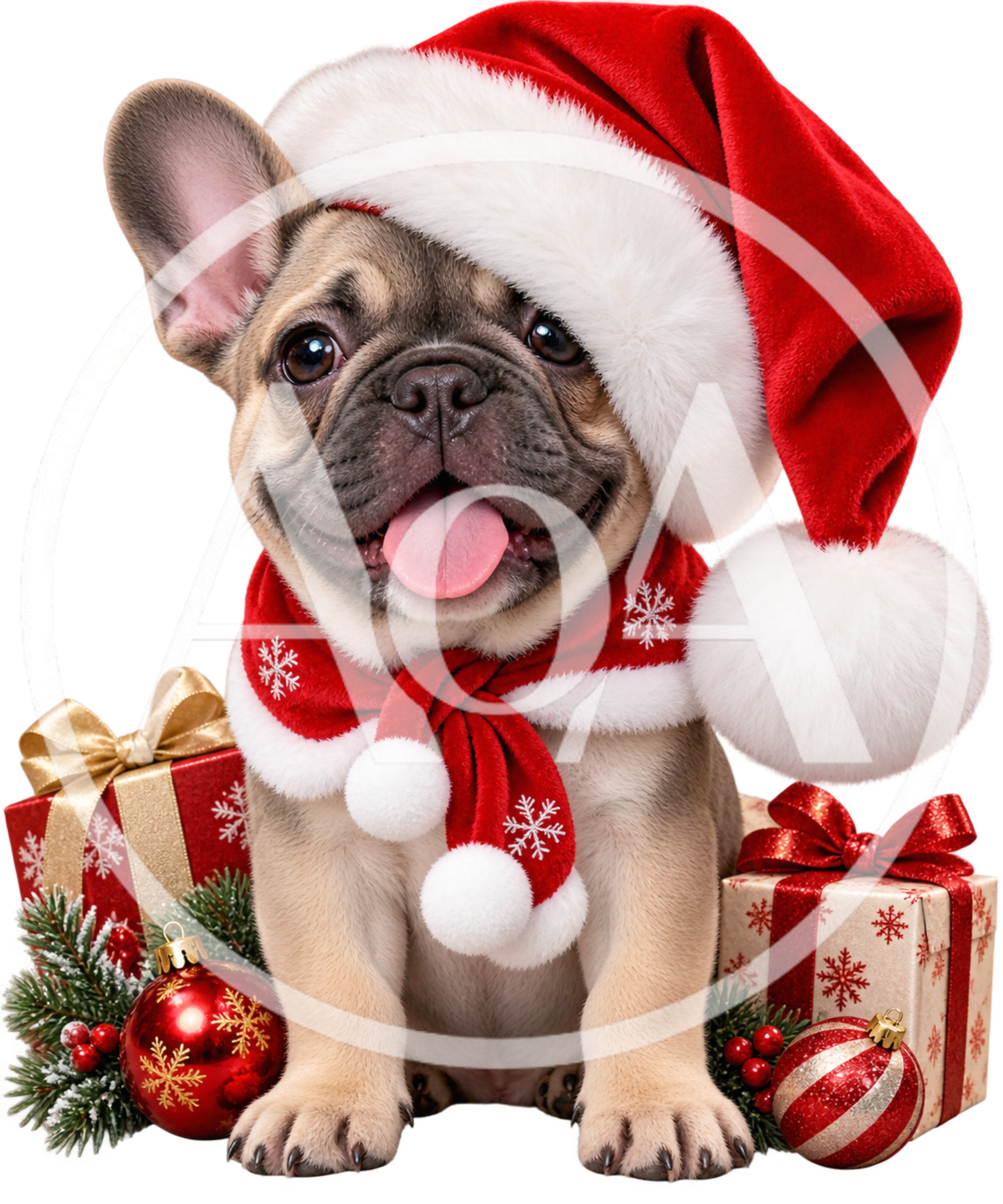 French Bulldog Puppy Wearing Santa Hat And Scarf