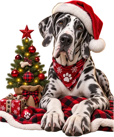 Great Dane Dog Wearing Santa Hat And Christmas Bandana