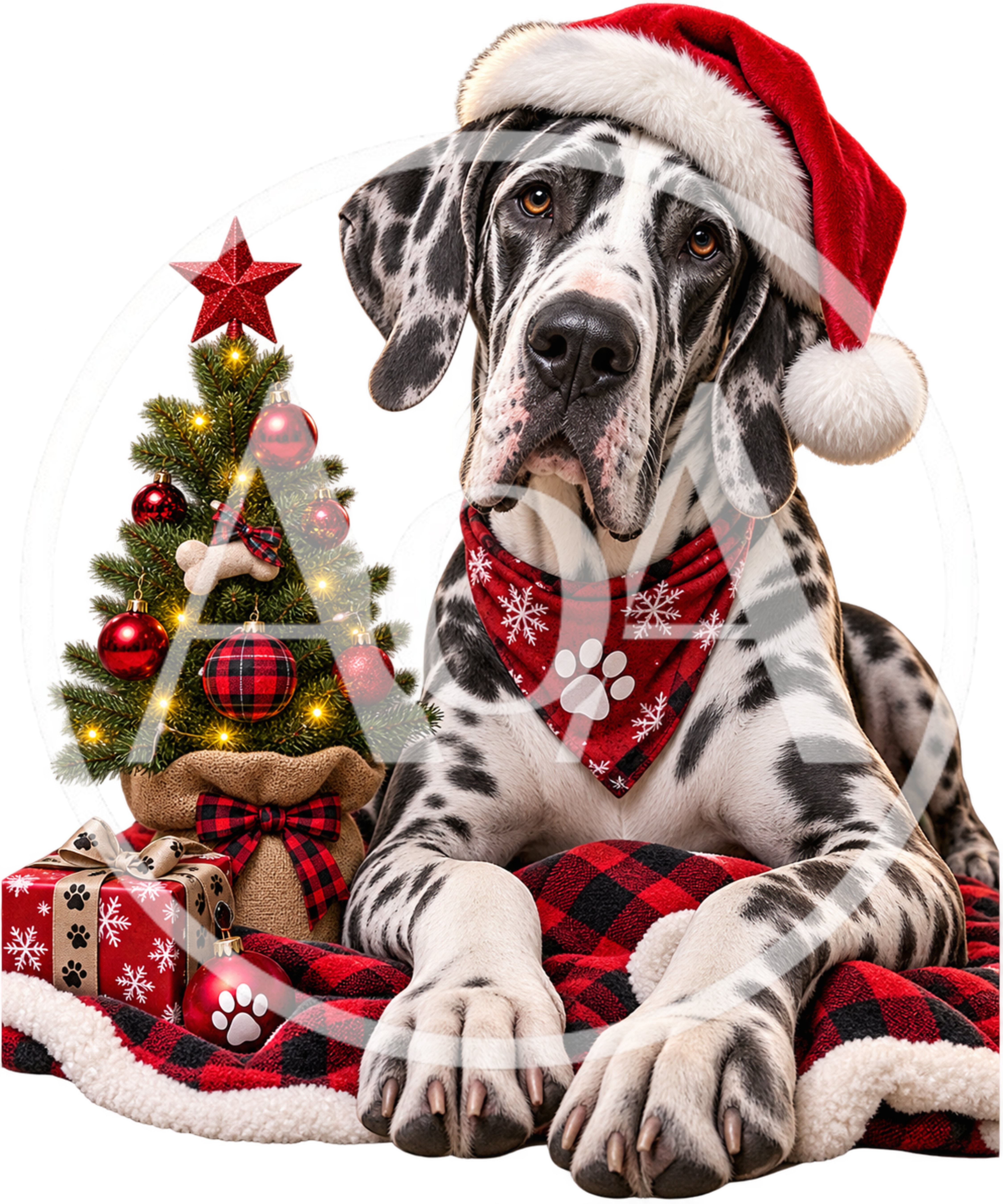 Great Dane Dog Wearing Santa Hat And Christmas Bandana