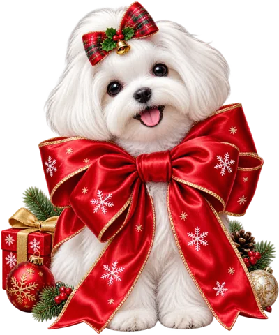 Cute White Maltese Puppy With Large Red Christmas Bow