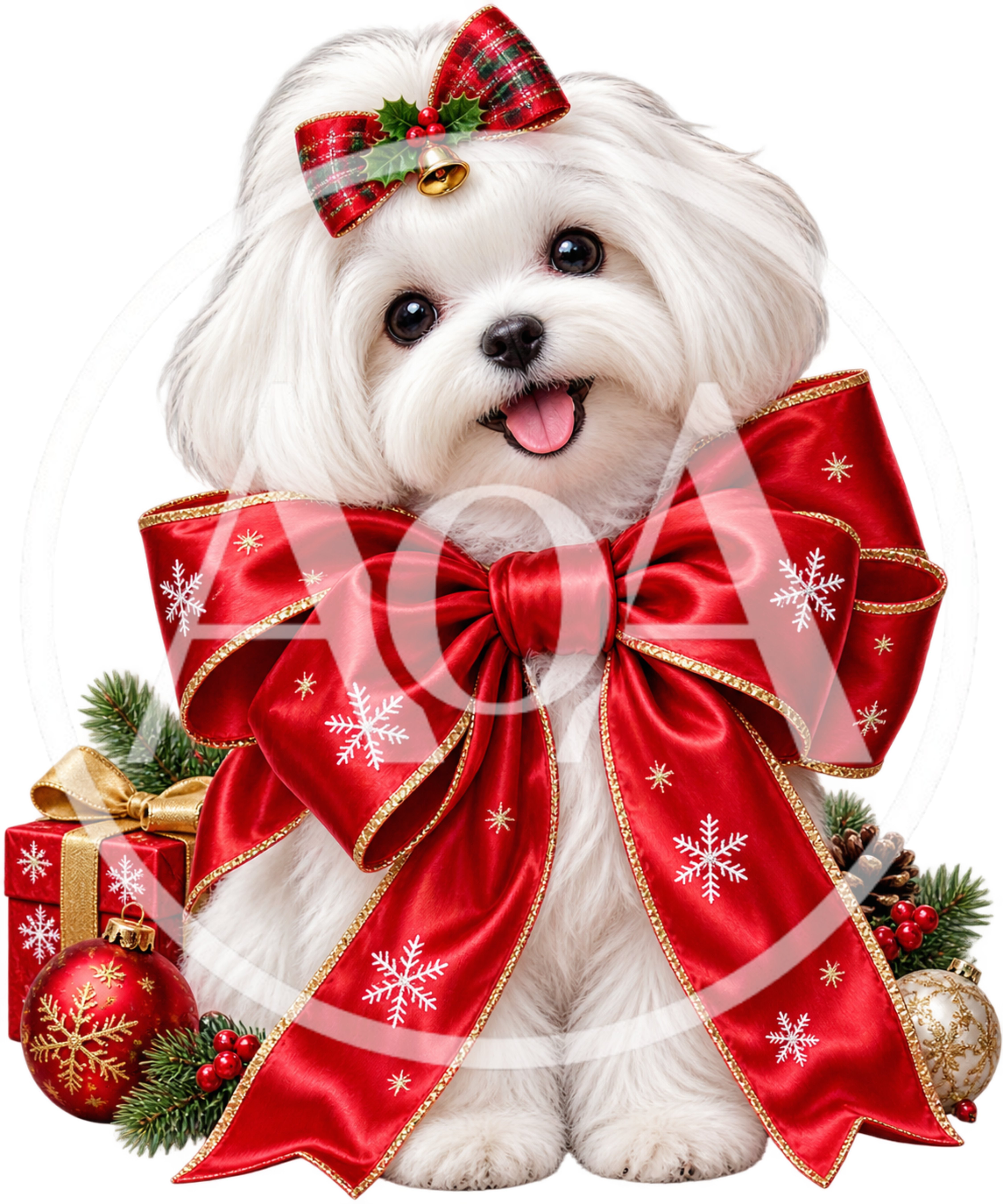 Cute White Maltese Puppy With Large Red Christmas Bow