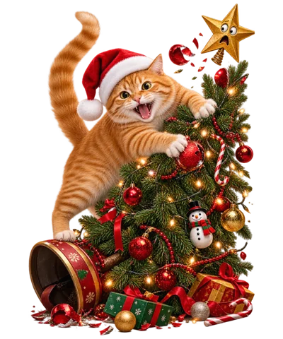 Ginger Cat Wearing Santa Hat Climbing Christmas Tree