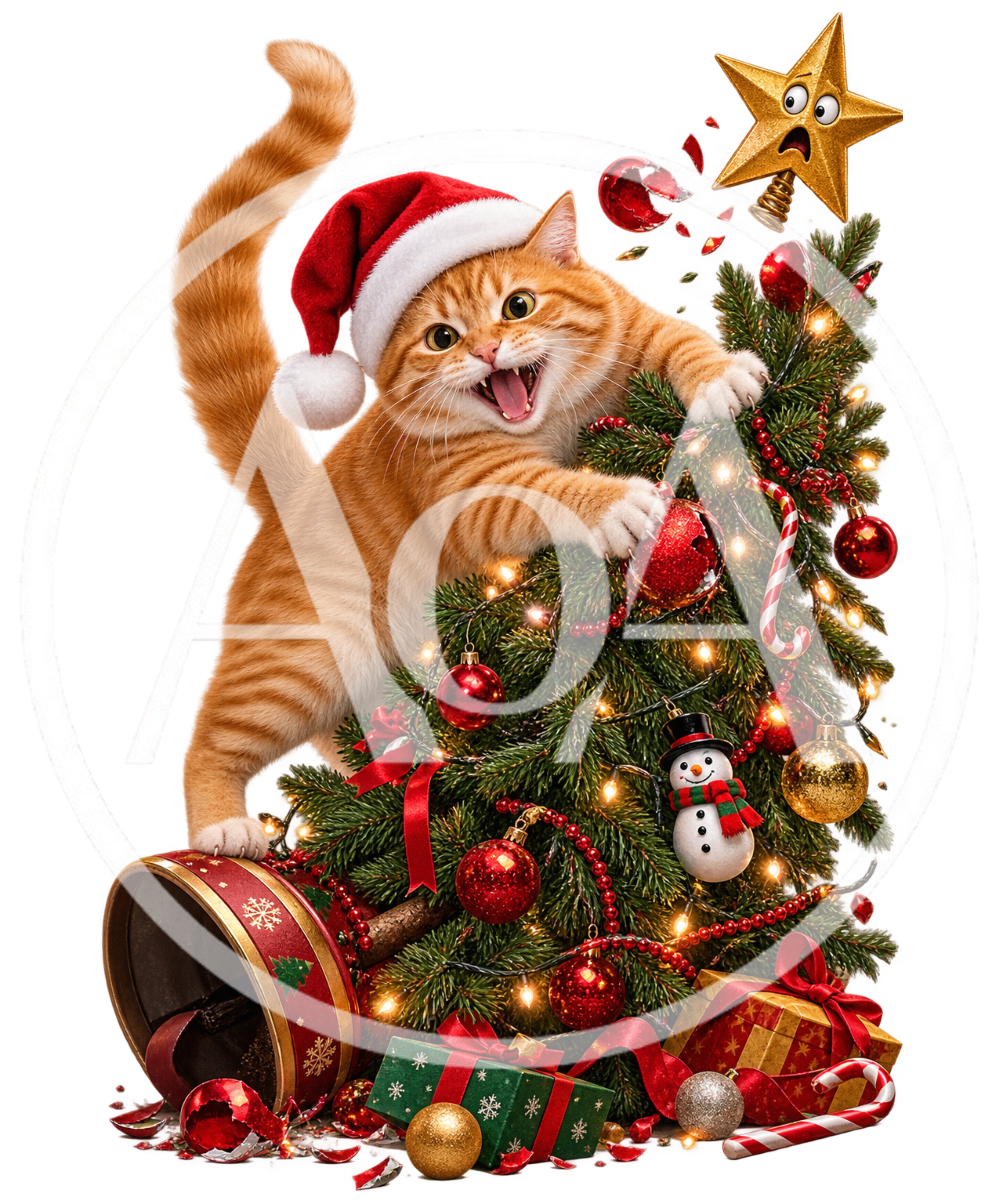 Ginger Cat Wearing Santa Hat Climbing Christmas Tree