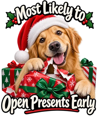 Golden Retriever Wearing Santa Hat Opening Christmas Present