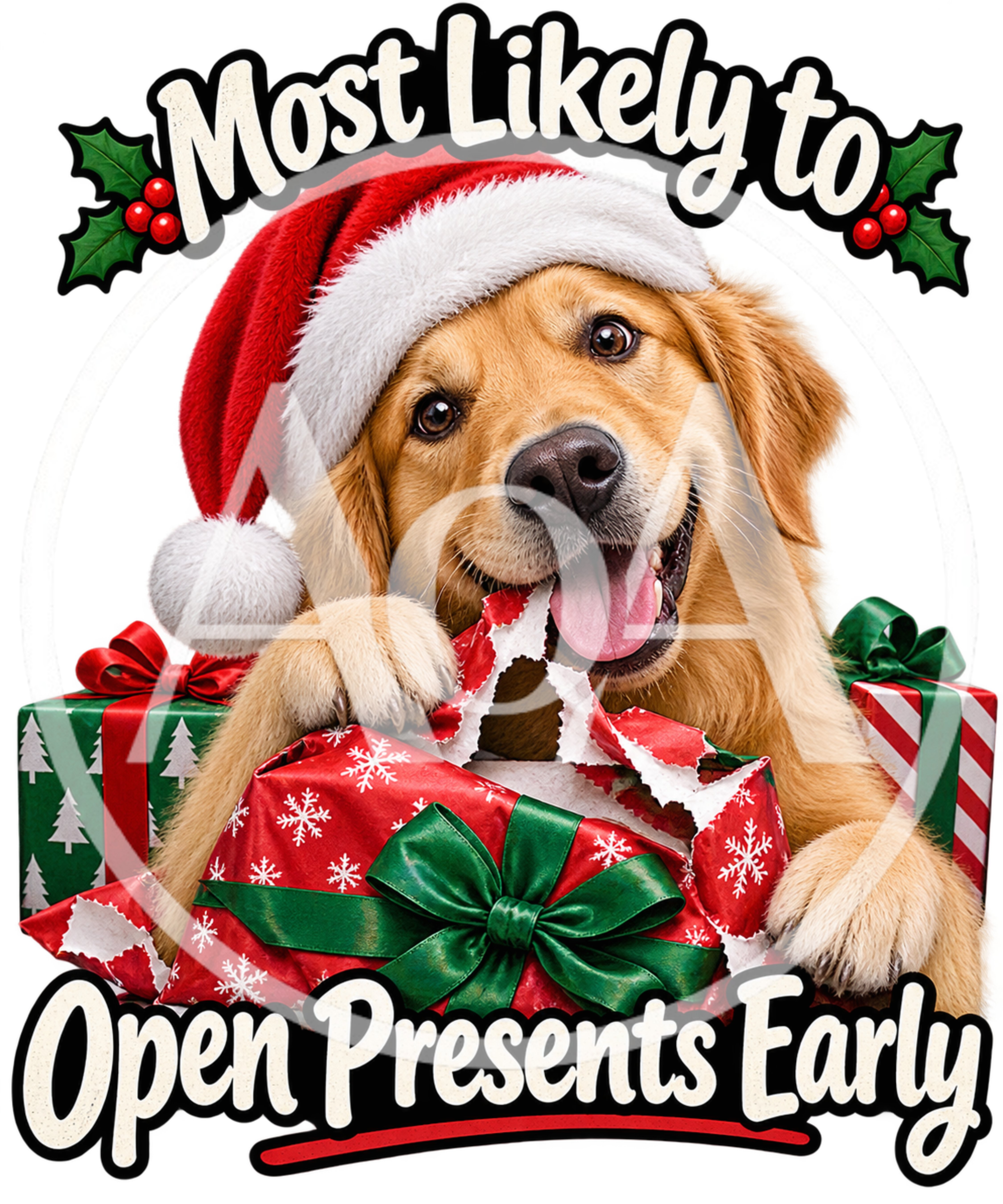 Golden Retriever Wearing Santa Hat Opening Christmas Present
