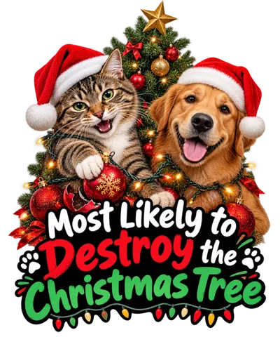 Cat and Dog Wearing Santa Hats with Christmas Tree