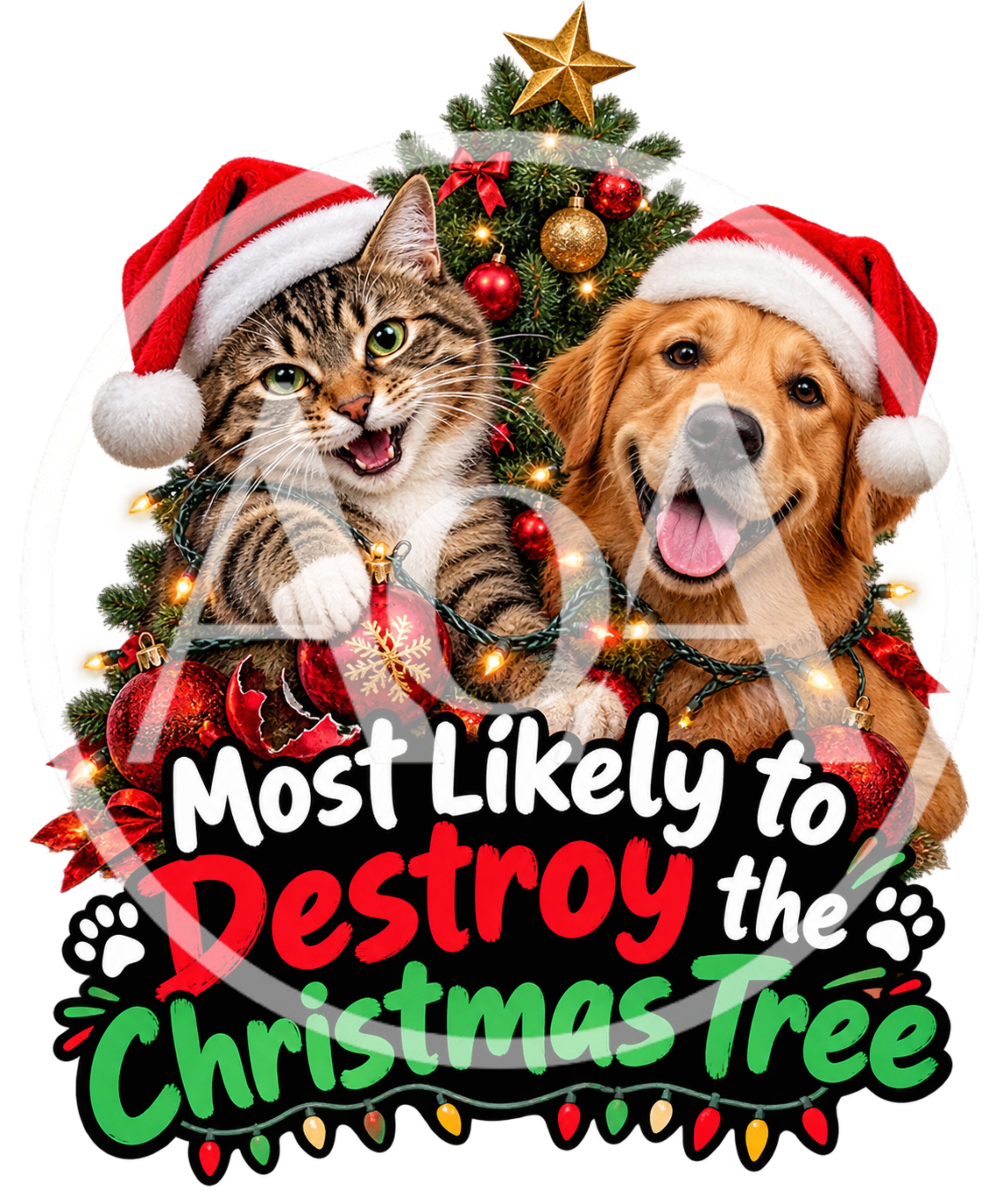 Cat and Dog Wearing Santa Hats with Christmas Tree