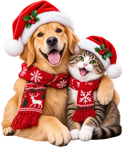 Golden Retriever and Tabby Cat Wearing Christmas Hats