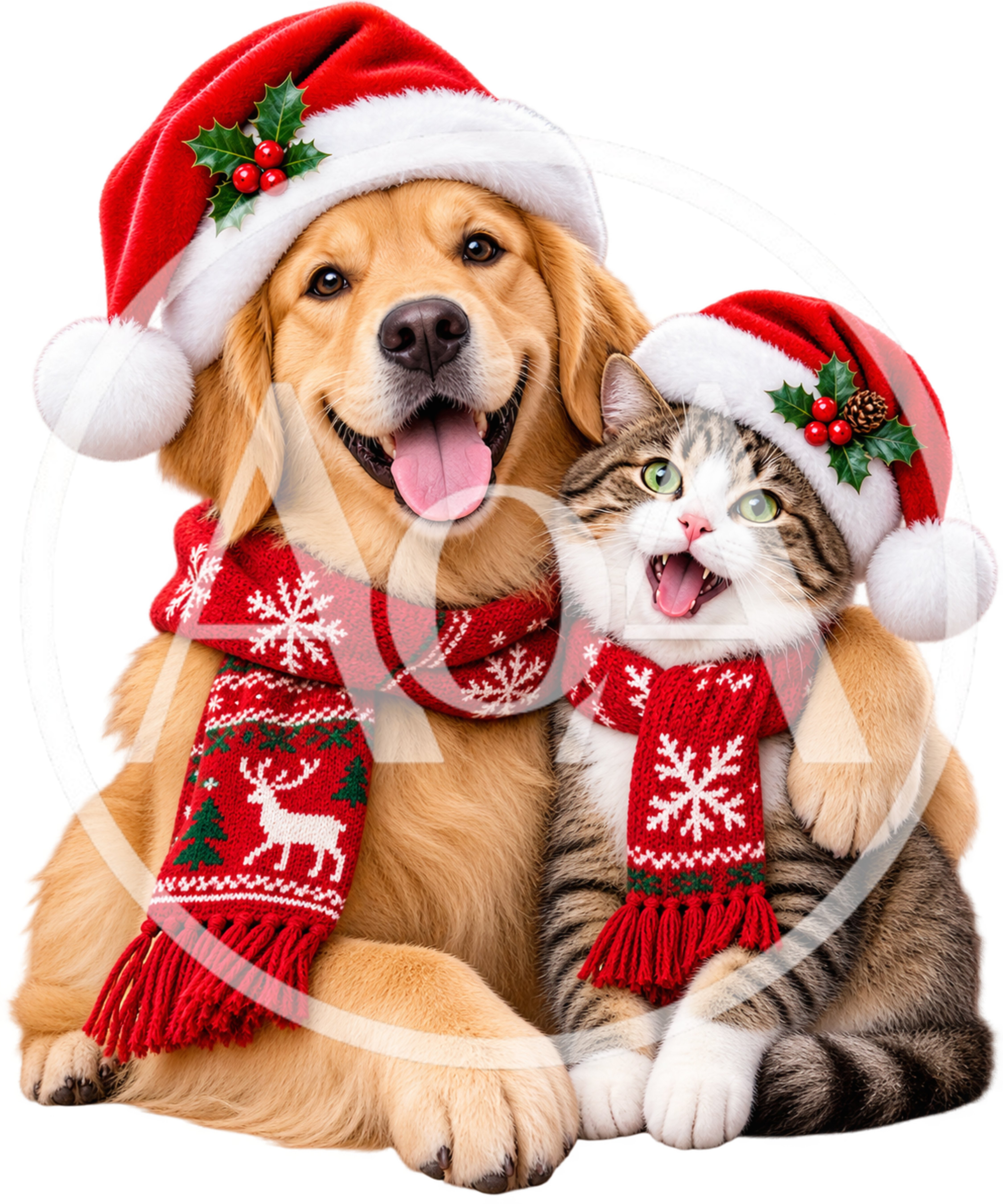 Golden Retriever and Tabby Cat Wearing Christmas Hats