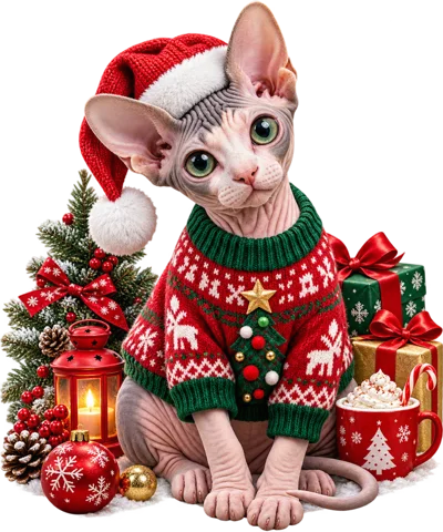 Sphynx Cat Wearing Christmas Sweater And Santa Hat