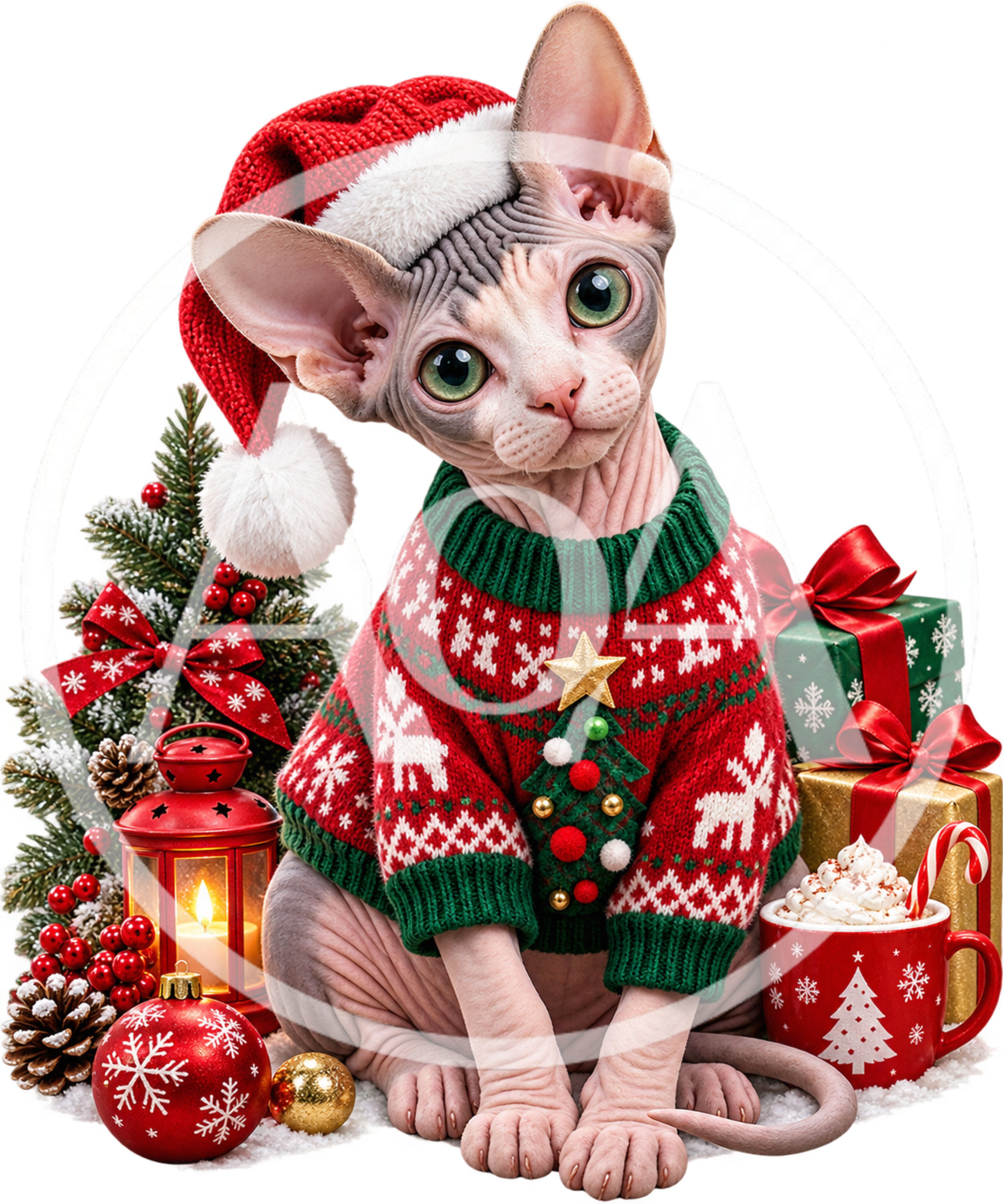 Sphynx Cat Wearing Christmas Sweater And Santa Hat