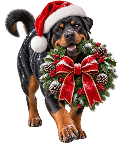 Rottweiler Dog Wearing Santa Hat Holding Christmas Wreath