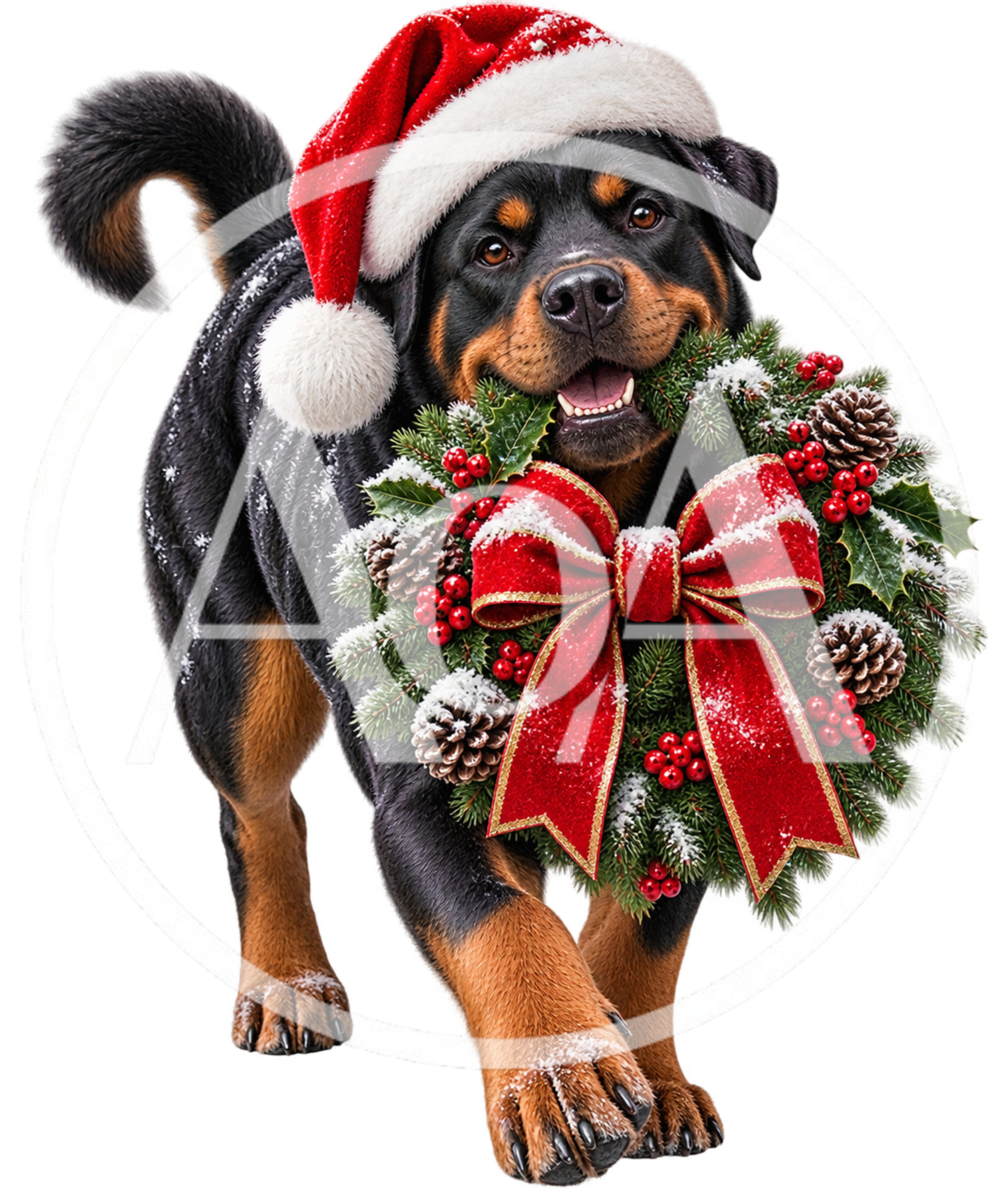 Rottweiler Dog Wearing Santa Hat Holding Christmas Wreath