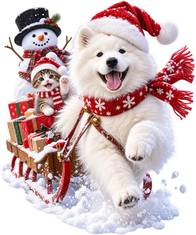 Samoyed Dog Pulling Sleigh With Kitten And Snowman