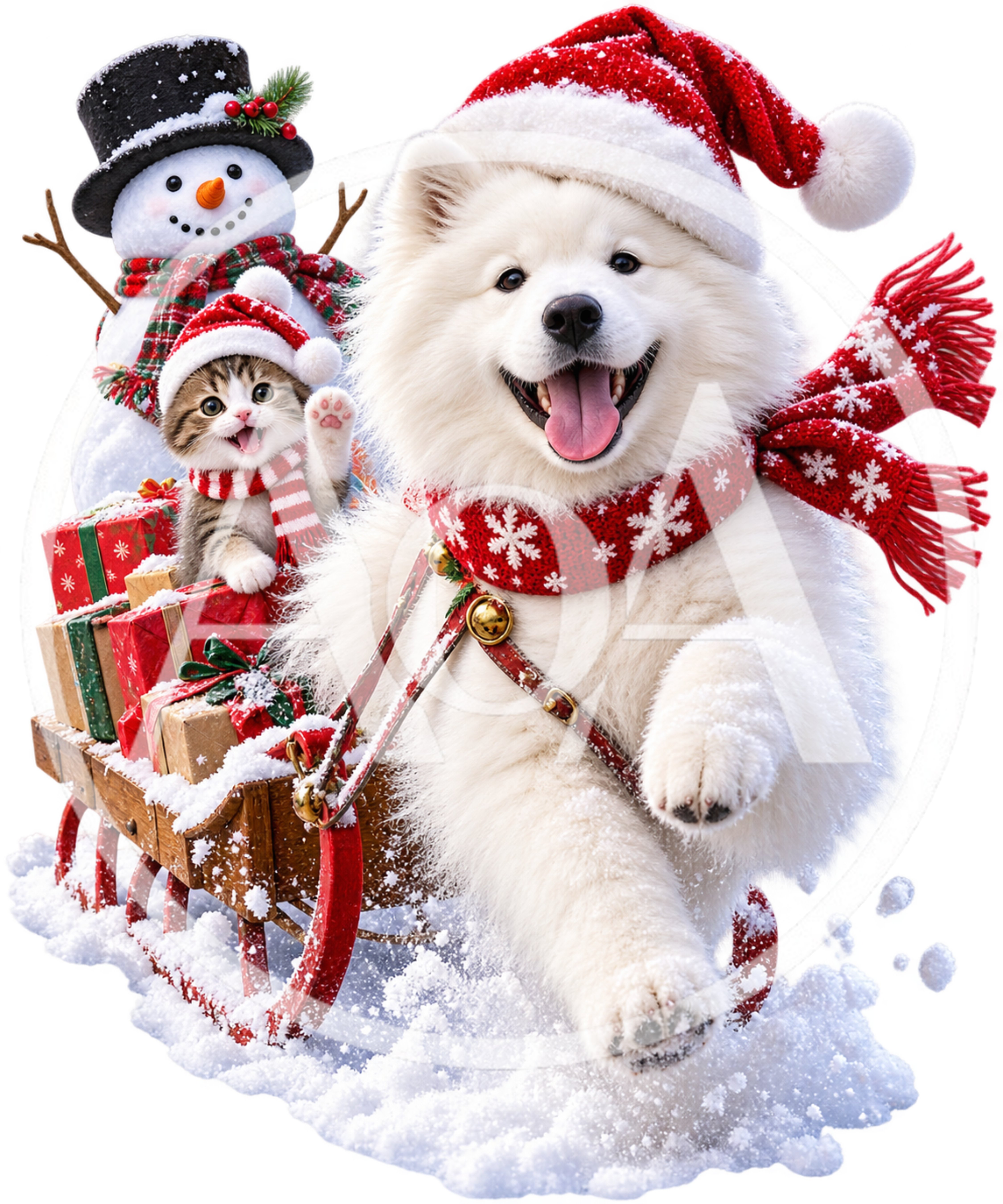 Samoyed Dog Pulling Sleigh With Kitten And Snowman