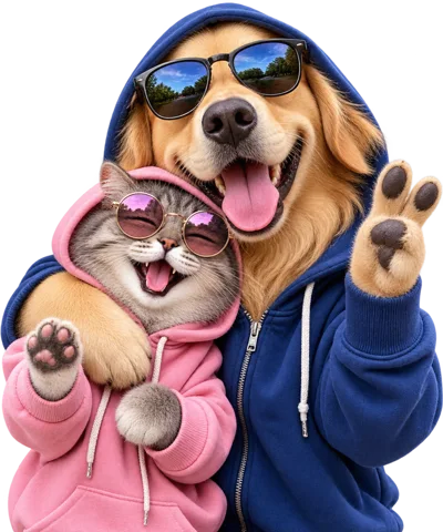 Happy Golden Retriever and Cat Wearing Hoodies