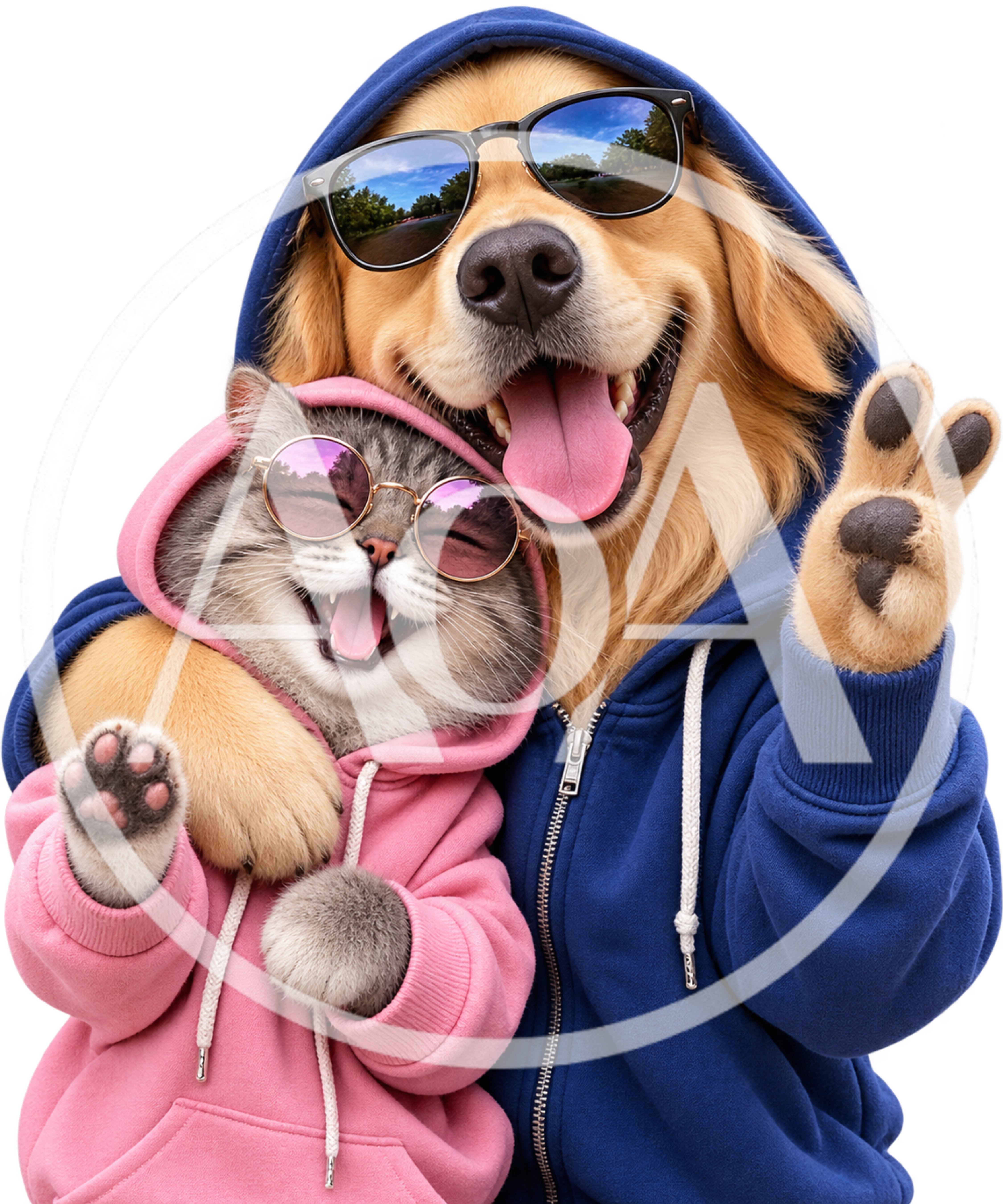 Happy Golden Retriever and Cat Wearing Hoodies